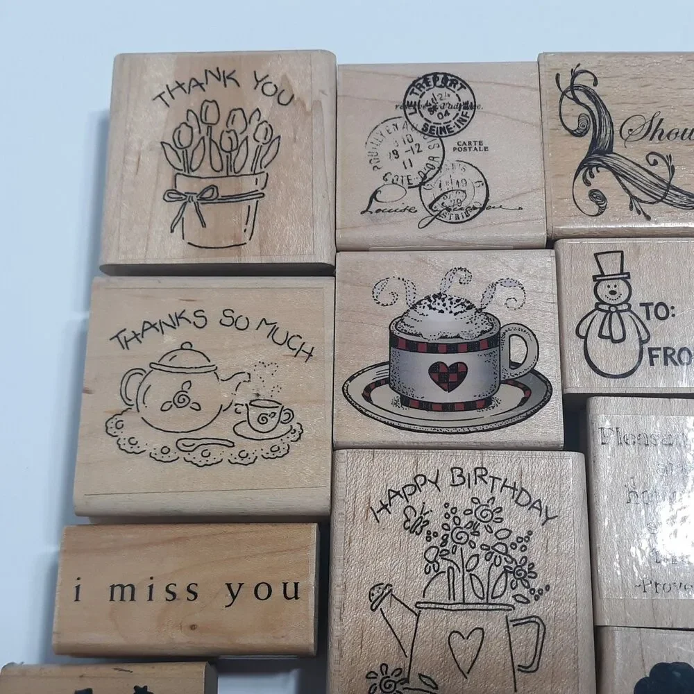Lot of 32 Assorted Rubber Stamps Coffee Thank You Fall Holiday Words Greetings